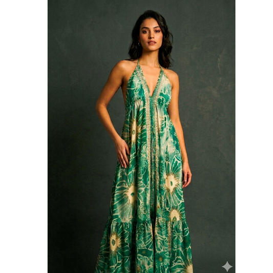 Vestido Maxi Largo Esmeralda con Escote Halter y Espalda Descubierta
